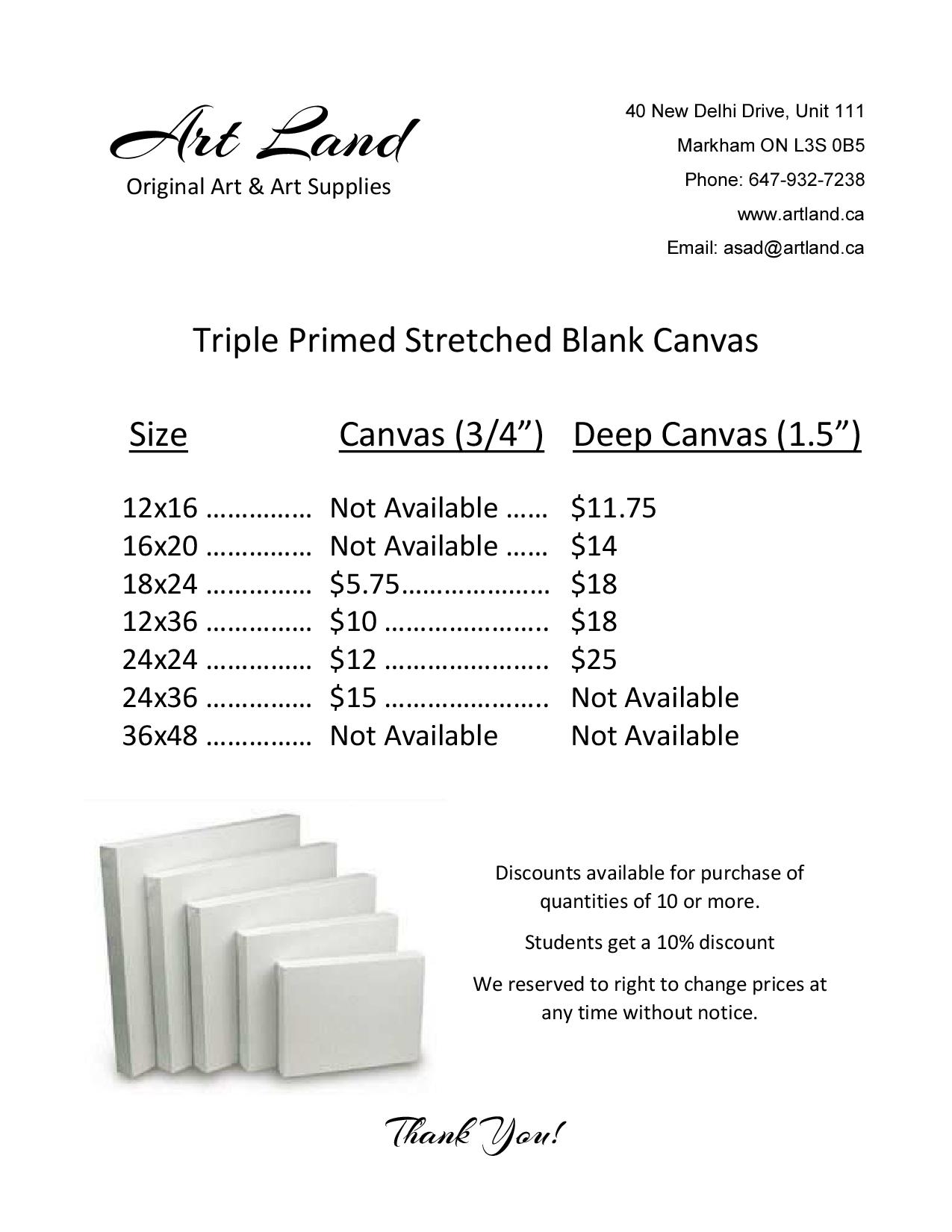 artland Blank Canvas Price List artland.ca